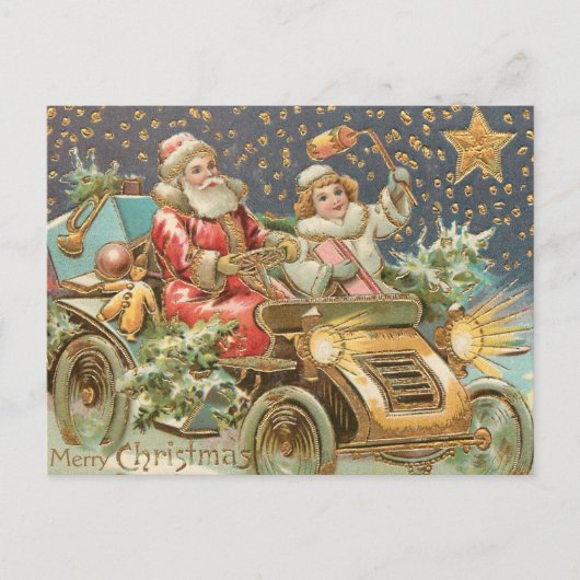 Frohe Weihnachten Weihnachtsmann Autofahren Vintag Postkarte (Vorderseite)