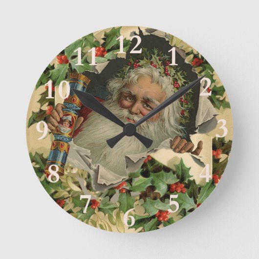 Frohe Weihnachten Weihnachtsmann Holly Runde Wanduhr (Vorderseite)