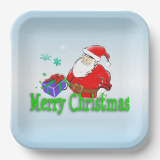 Frohe Weihnachten Weihnachtsmann mit Geschenk Pappteller
