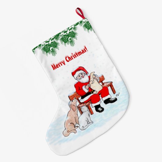 Frohe Weihnachten - Weihnachtsmann mit Katze und H Großer Weihnachtsstrumpf (Rückseite (Hängend))