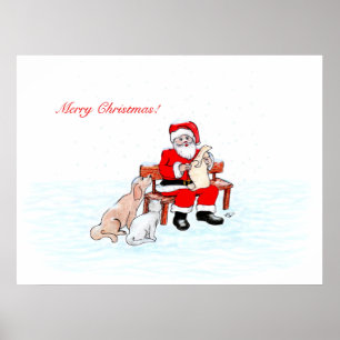 Frohe Weihnachten - Weihnachtsmann mit Katze und H Poster