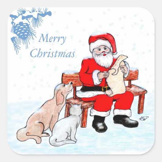 Frohe Weihnachten - Weihnachtsmann mit Katze und H Quadratischer Aufkleber (Vorderseite)