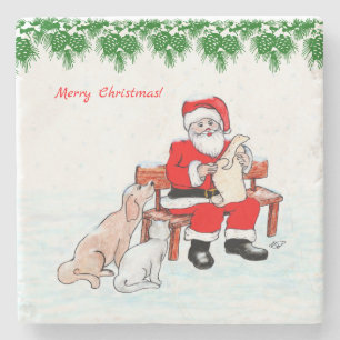 Frohe Weihnachten - Weihnachtsmann mit Katze und H Steinuntersetzer