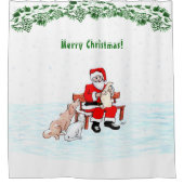 Frohe Weihnachten! Weihnachtsmann mit Katze und Hu Duschvorhang (Vorderseite)