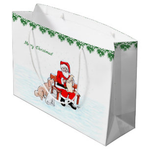 Frohe Weihnachten! Weihnachtsmann mit Katze und Hu Große Geschenktüte