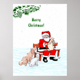 Frohe Weihnachten! Weihnachtsmann mit Katze und Hu Poster