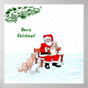 Frohe Weihnachten! Weihnachtsmann mit Katze und Hu Poster