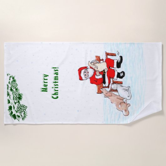 Frohe Weihnachten! Weihnachtsmann mit Katze und Hu Strandtuch (Vorderseite)