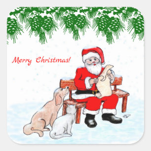 Frohe Weihnachten - Weihnachtsmann mit Katze und Quadratischer Aufkleber