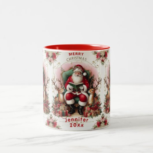 Frohe Weihnachten Weihnachtsmann Reading to Rentie Zweifarbige Tasse (Mittel)