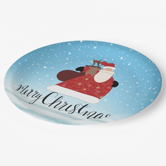 Frohe Weihnachten Weihnachtsmann und Rudolph Pappteller (Schrägansicht)