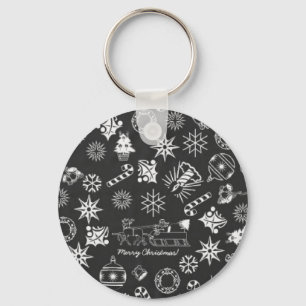 Frohe Weihnachten Weihnachtsymbole, Schwarz und We Schlüsselanhänger