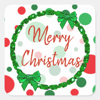 Frohe Weihnachten Weiß, Red Green Polka Dots Quadratischer Aufkleber