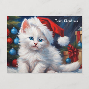 Frohe Weihnachten Weiße Katze und Weihnachtsbaum
