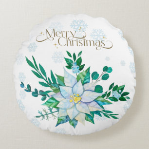 Frohe Weihnachten Weiße Poinsettia Schneeflocken Rundes Kissen