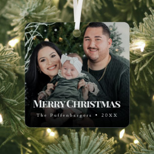 Frohe Weihnachten Weiße Typografie 2-Foto-Geschenk Ornament Aus Metall