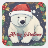 Frohe Weihnachten Weißer Eisbär Quadratischer Aufkleber (Vorderseite)