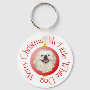 Frohe Weihnachten Weißer Pekinese Schlüsselanhänger