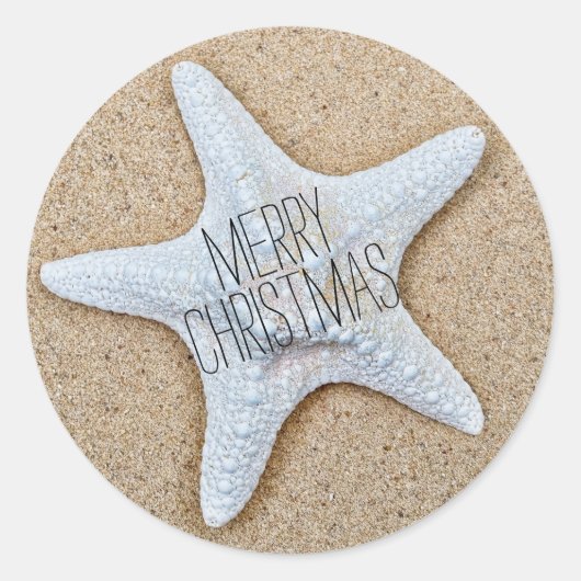 Frohe Weihnachten Weißer Starfish am Strand Runder Aufkleber (Vorderseite)
