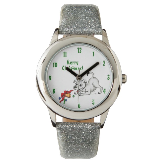 Frohe Weihnachten! Welpe mit Bell und Ball Armbanduhr (Vorderseite)