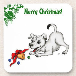 Frohe Weihnachten! Welpe mit Bell und Ball Getränkeuntersetzer