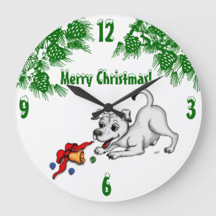 Frohe Weihnachten! Welpe mit Bell und Ball Große Wanduhr