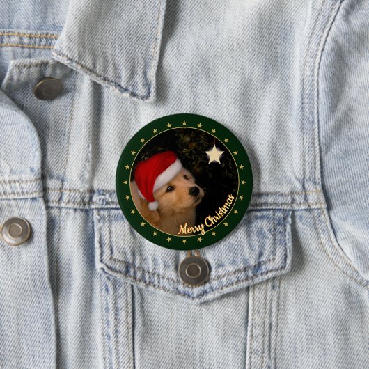 "Frohe Weihnachten" Welpe mit Weihnachtsmannmütze Button (Beispiel)