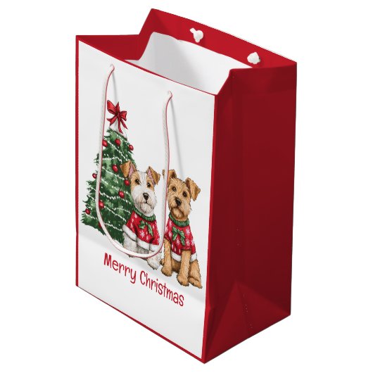 Frohe Weihnachten Welsh Wire Fox Terrier Hunde Mittlere Geschenktüte (Vorderseite Schrägansicht)