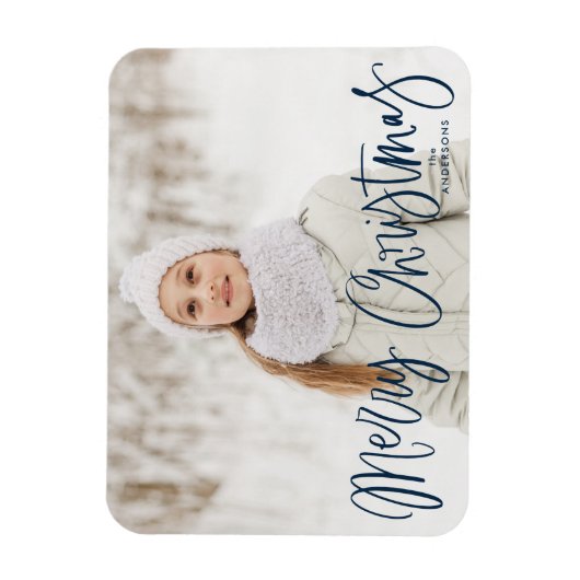 Frohe Weihnachten Whimsical Navy Script Foto Magnet (Vertikal)
