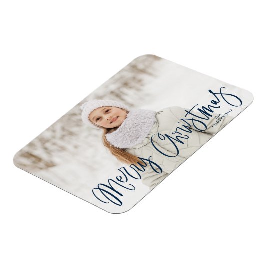 Frohe Weihnachten Whimsical Navy Script Foto Magnet (Linke Seite)