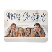 Frohe Weihnachten Whimsical Navy Script Foto Magnet (Horizontal)