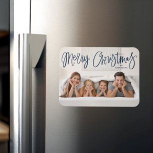 Frohe Weihnachten Whimsical Navy Script Foto Magnet