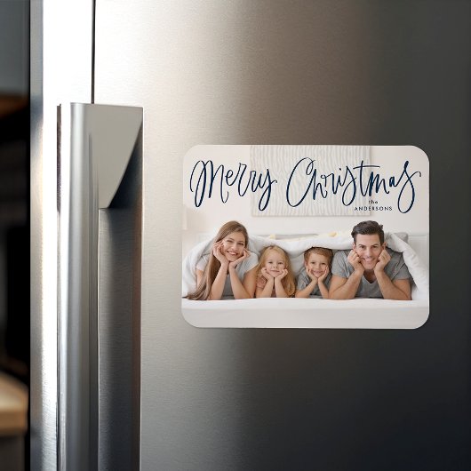 Frohe Weihnachten Whimsical Navy Script Foto Magnet