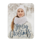 Frohe Weihnachten Whimsical Navy Script Foto Magnet (Vertikal)