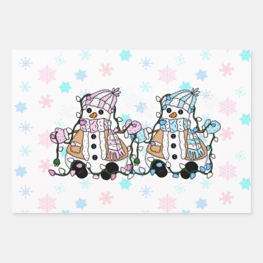 Frohe Weihnachten Whimsical Pink Blue Snowmen Geschenkpapier Set (Vorderseite 3)