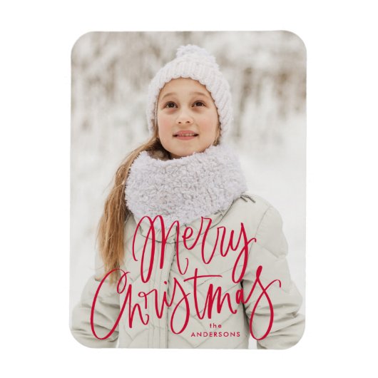 Frohe Weihnachten Whimsical Red Script Foto Magnet (Vertikal)