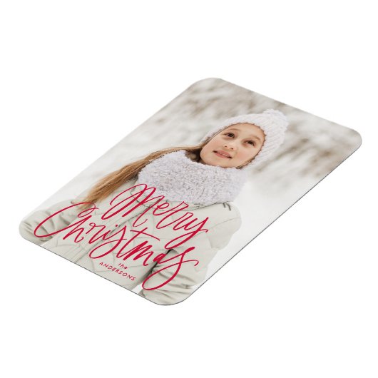 Frohe Weihnachten Whimsical Red Script Foto Magnet (Linke Seite)