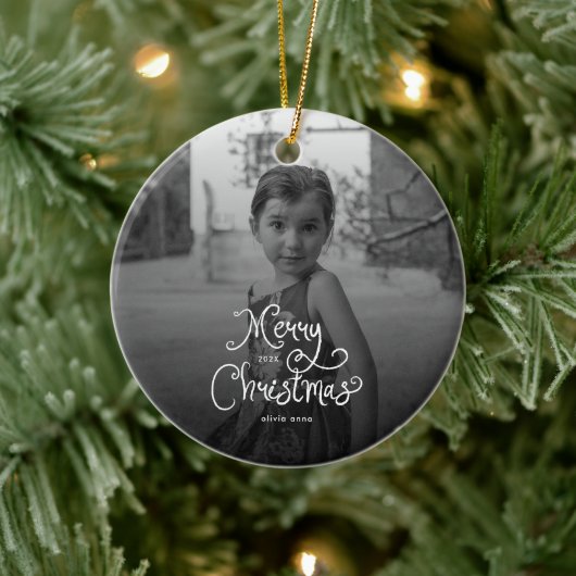 Frohe Weihnachten Whimsical Schrift custom Foto Hu Keramik Ornament (Baum)