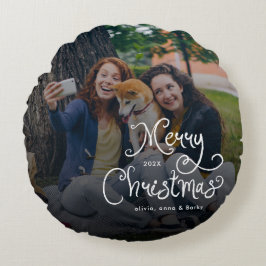 Frohe Weihnachten Whimsical Schrift Familienfoto H Rundes Kissen