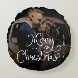 Frohe Weihnachten Whimsical Script Benutzerfoto Rundes Kissen