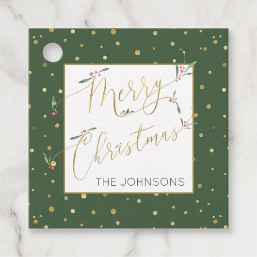 Frohe Weihnachten Whimsical Script Grün und Gold Geschenkanhänger (Vorderseite)