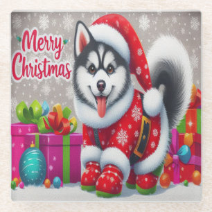 Frohe Weihnachten Whimsical sibirischen Husky Dog Glasuntersetzer