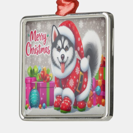 Frohe Weihnachten Whimsical sibirischen Husky Dog Ornament Aus Metall (Links)