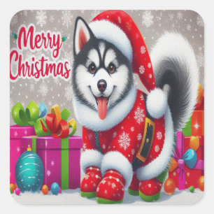 Frohe Weihnachten Whimsical sibirischen Husky Dog Quadratischer Aufkleber