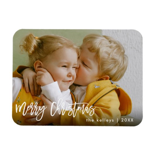 Frohe Weihnachten White Brush Script Foto Holiday Magnet (Horizontal)