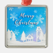 Frohe Weihnachten White Snow House Blue Ornament Aus Metall (Vorne)