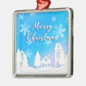 Frohe Weihnachten White Snow House Blue Ornament Aus Metall (Links)