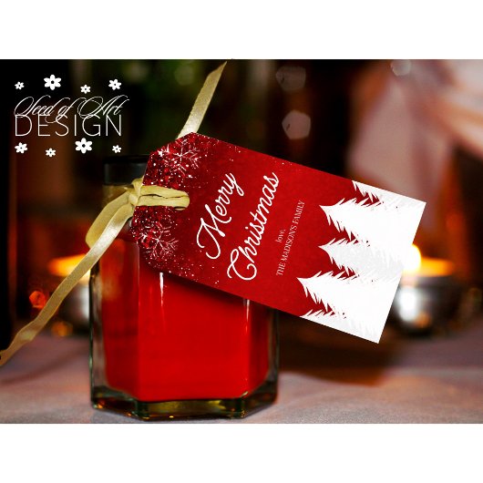 Frohe Weihnachten Winter Bäume & Schneeflocken Rot Geschenkanhänger