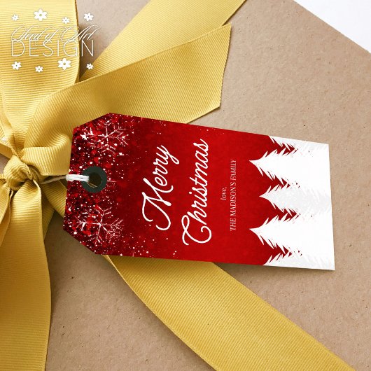 Frohe Weihnachten Winter Bäume & Schneeflocken Rot Geschenkanhänger