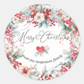 Frohe Weihnachten Winter Red Floral Botanical Runder Aufkleber (Vorderseite)